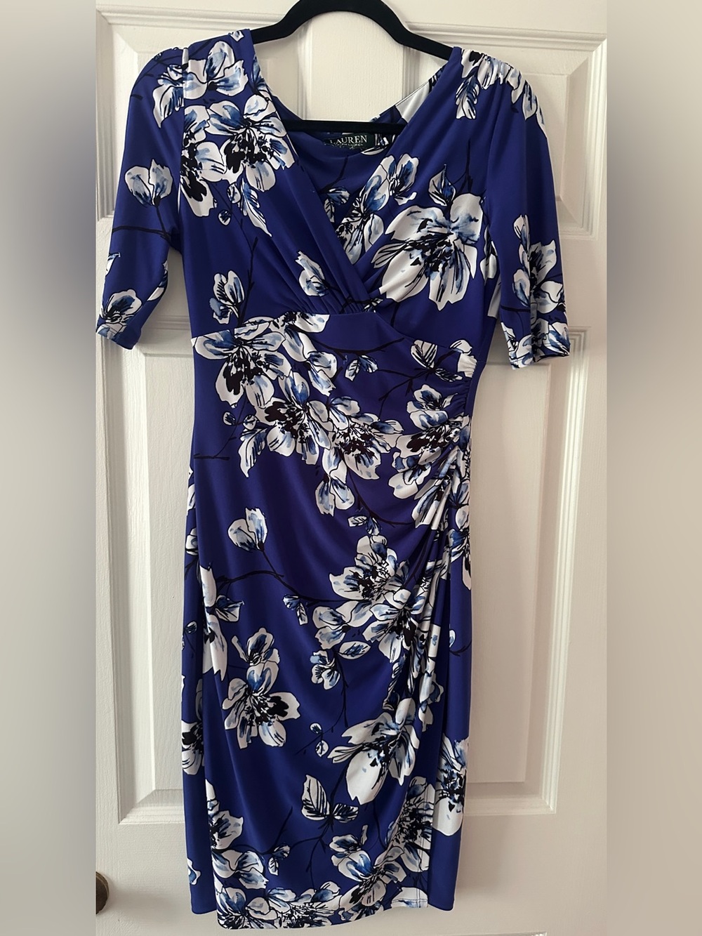 Ralph Lauren Royal Blue & White Floral Faux-Wrap Midi Dress